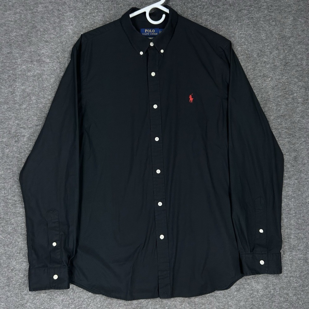 Polo Ralph Lauren Shirt Mens L Black Solid Slim fit Stretch Poplin Preppy